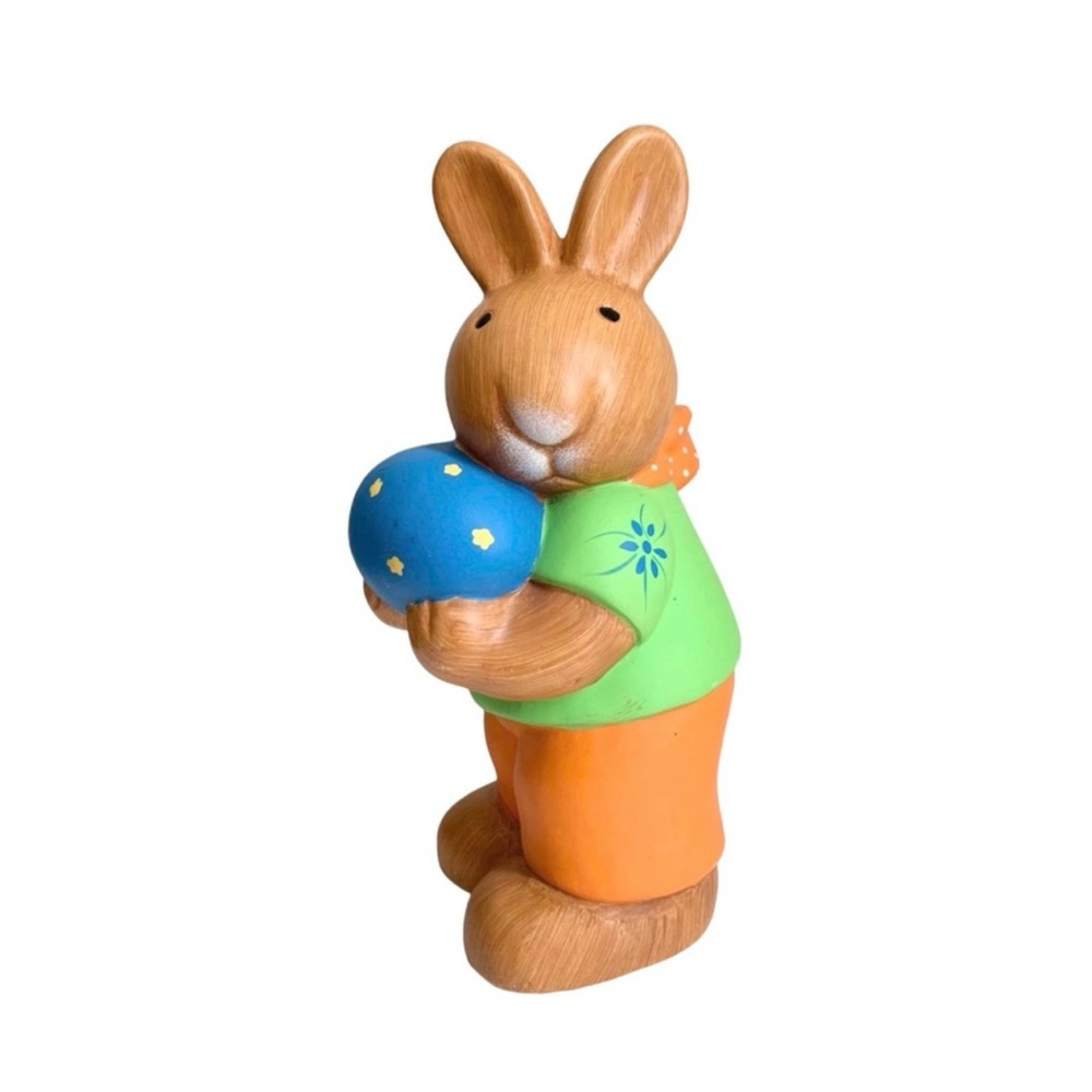 Ceramic Easter Blue Egg Brown 10.5” Tall Rabbit Bunny Tabletop Decor Figurine